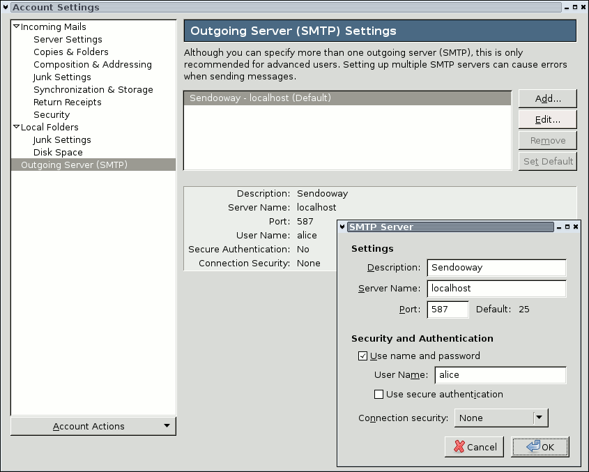 SMTP server in Thunderbird